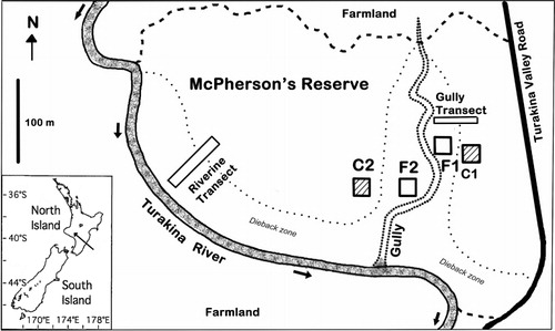 Figure 1 Geography of McPherson's Reserve, Turakina River valley, and inset, location of the reserve (arrowed) in the North Island of New Zealand. The positions of the river (stippled; direction of flow marked by arrows), gully (closely dotted), sampled plots (C, Control: hatched squares; F, Flooded: open squares) and Riverine and Gully Transects are marked. The reserve is bounded by the river to the south and west, farmland to the north (dashed) and the road to the east. The area currently affected by the flood is shown beneath the sparsely dotted line.