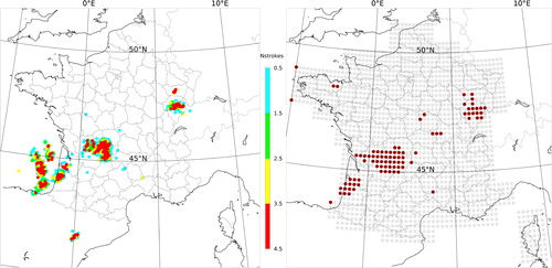 Fig. 1. Left panel: Lightning flashes from the Météorage network (9 August 2018, 00UTC), the colours indicate the number of strokes per flash. Right panel: Pseudo-observations of thunderstorms (light bullets: non-occurrence, dark bullets: occurrence).
