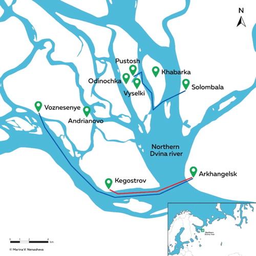 Figure 1. The case study area. Arkhangelsk - Kegostrov line illustrates an example of an intercity shipping line. Other two illustrate examples of suburban shipping lines.