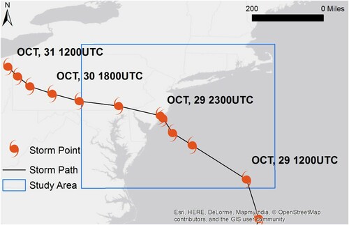 Figure 2. Study area and storm track of Hurricane Sandy.