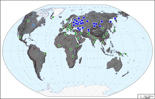 Figure 1 The studied populations. Blue squares show locations of population samples genotyped specifically for this study (the Russian dataset). Green diamonds show locations of population samples described in other sources and reanalyzed in the course of this study (the world dataset).