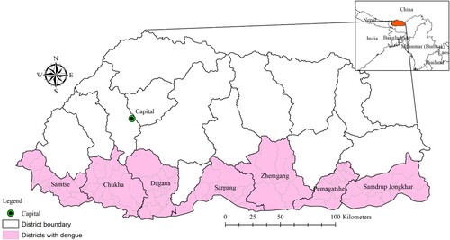 Figure 1. Administrative map of Bhutan and districts with documented dengue.
