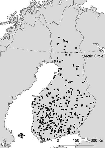 Figure 2. Location of parcel-scale sampling plots of the Finnish national soil monitoring network utilized in this study (n = 323).