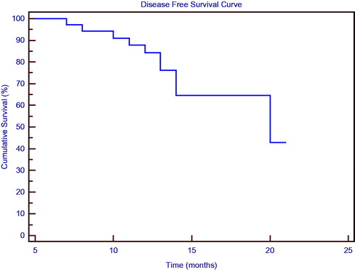 Figure 2. Disease-free survival curve for the patients treated with consolidation hyperthermic intraperitoneal carboplatin chemotherapy and paclitaxel maintenance chemotherapy.