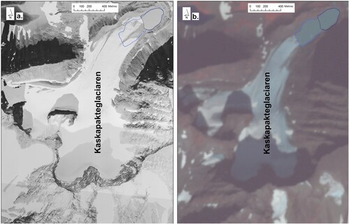 Figure 5. (a) Aerial image (Lantmateriet, 1959) of Kaskapakte glaciar (Sweden; 67.955144°N, 18.565447° E) showing 1959 proglacial lake outline (black) with August 2014 proglacial lake outline (blue). Spatial resolution is unknown but estimated ∼1 m. (b) ASTER satellite composite image (G,R, NIR, 15 m resolution) from 8 August 2014 (10.46am) with 1960 proglacial lake outline (black) and August 2014 outline (blue).