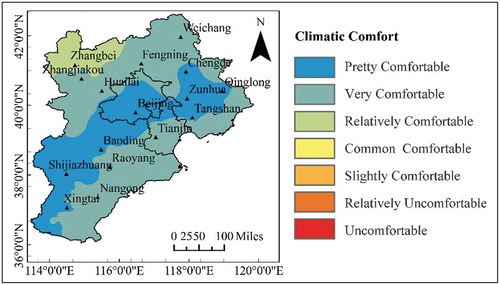 Figure 3. The spatial distribution of climatic comfort across all ages in the BTH area from 1961 to 2019
