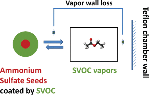 Scheme 1. The partitioning of SVOCs between the gas phase, particle phase, and Teflon chamber walls. Ammonium sulfate particles coated with organics sustain the SVOC vapors near their saturation concentration. The vapor wall loss of the SVOCs is thus balanced by the mass loss of organics from the suspended particles.