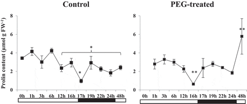 Figure 2. Proline accumulation (µmol g FW−1) in control and PEG-treated N. tabaccum plants at day/night cycle, 24 and 48 hours. Values presented are the mean ± SE (n = 6) of two independent experimental series. *p < .05 and **p < .01