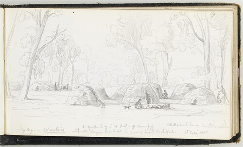 Figure 7. Eugene von Guérard, Blackfellows Camp bei Adelaide 25 July 1855, 1855. Folio 37, in volume 03: Sketchbook XXIV, No. 6 Australia, 1855, pencil, 9.8 × 15.8 cm. Dixson Galleries, State Library of New South Wales, Sydney. Purchased 1970.