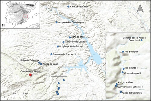 Figure 1. Map of the study area with the location of the rock shelters whose acoustic properties were analyzed.