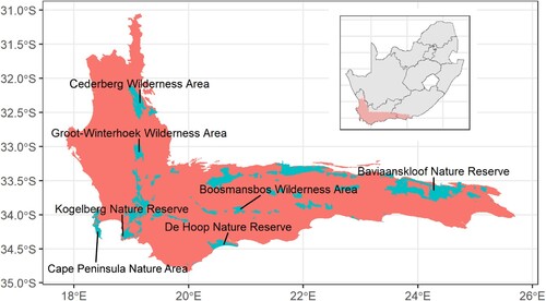 Figure 1. Extent of the Cape Floristic Region in southwestern South Africa, with the main protected areas (excluding the West Coast) indicated.