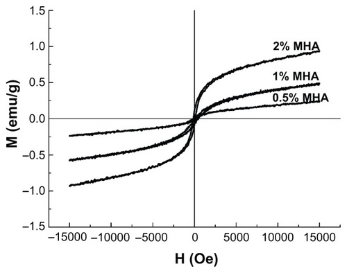 Figure 3 Magnetization curves of magnetic nanoparticle hydroxyapatite scaffolds (MHAs) with three different magnetic nanoparticle contents (2%, 1%, and 0.5%).