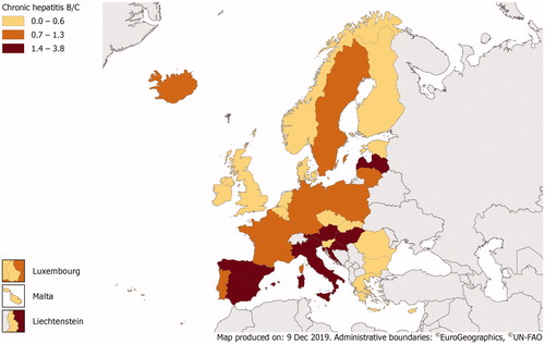 Figure 4. Age-standardised mortality rates per 100,000 population from chronic viral hepatitis B and C (ICD-10 codes B18.0, B18.1 and B18.2) in the EU/EEA countries in 2015.