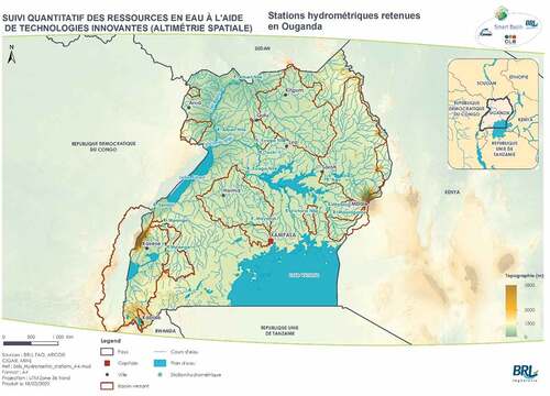 Figure 3. Stations hydrométriques et bassins versants étudiés sur le territoire de l’Ouganda.