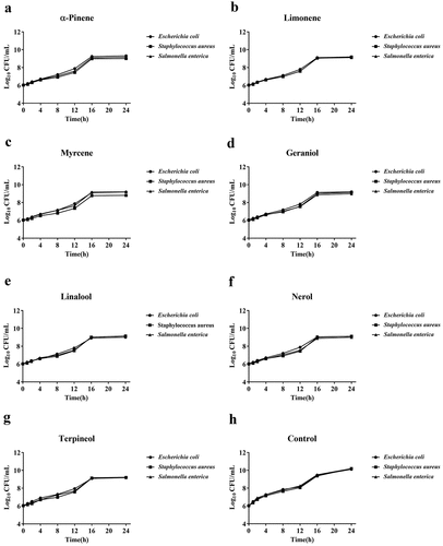 Figure 1. Time-kill curve of seven predominant terpenoids in wines against foodborne pathogenic bacterias (Escherichia coli, Salmonella enterica and Staphylococcus aureus) at concentrations of MIC50. The time-kill curve of used for α-pinene (a), limonene (b), myrcene (c), geraniol (d), linalool (e) nerol (f), terpineol (g) and control (h)