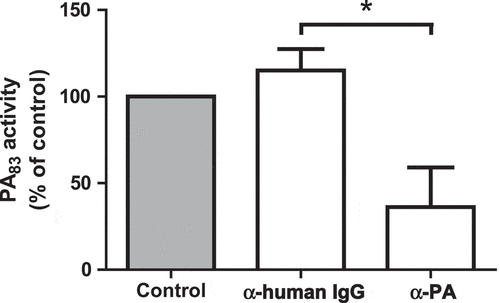 Figure 4. Specificity testing of the PA83 proteolytic activity. 20 µg/mL PA83 was pre-incubated with 15 µg/mL antibody α-PA/α-human IgG or PBS (control) for 5 hr. PA83 was measured using 16 μM FRET-peptide PEK-054. PA83 activity without the addition of antibodies was taken as the ‘normalized’ (100%) value. Results are expressed as mean ± SEM (n = 3). Significance was calculated using an unpaired, two-tailed students t-test (* P-value < 0.05).