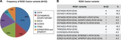 Figure 1 (A) Frequency of ROS1 variants (N=22). (B) ROS1 fusion variants.