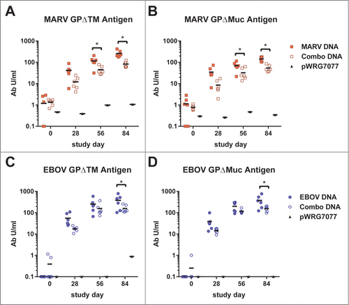 Figure 2. Comparison of GP-specific IgG responses of macaques between vaccine groups over time. These are the same indirect ELISA data shown in Figure 1, but with individual and combination vaccine groups for within the (A-B) MARV and (C-D) EBOV studies plotted together. Black horizontal bars indicate the mean titers for each group. To evaluate differences in ELISA titers between vaccine groups over time, a repeated measures 2-way ANOVA with Tukey's multiple comparison test was used. Significant differences between vaccine groups are indicated (*) and P values for comparisons between days are: (A) day 56, P = 0.0170; day 84, P < 0.0001. (B) day 56, P = 0.0118; day 84, P < 0.0001. (C) day 84, P = 0.0088. (D) day 84, P = 0.0006.