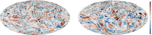 Fig. 8 Two members of an ensemble of log-transformed precipitation anomalies produced by a climate model, on a global grid of size N=288×192=55,296. We want to infer the underlying N-dimensional distribution based on an ensemble of n < 100 training samples.