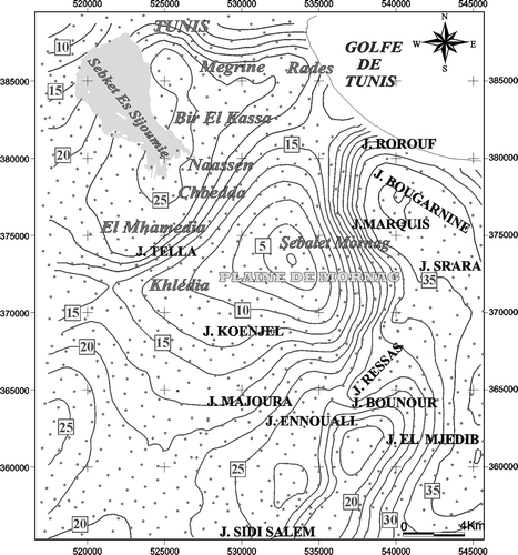 Fig. 2 Carte de l'anomalie de Bouguer de la zone d'étude (densité de correction, d = 2.67 g cm-3). Intervalle de contour: 2.5 mGal. Les points représentent la localisation des stations de mesures gravimétriques. (J.: Jebel).