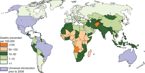 Figure 5 Total deaths prevented by rotavirus vaccine per 100,000 children aged younger than 5 years if introduced at level of DTP-3.