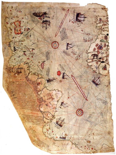 Figure 1. Piri Reis, Cartographer. The Piri Reis Map of 1513. Library of Topkapi Palace Museum, No. H 1824. Map. 1513. Retrieved from Wikimedia Commons, https://commons.wikimedia.org/wiki/File:Piri_reis_world_map_01.jpg