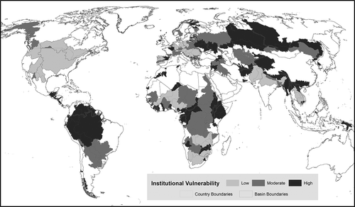 Figure 2. Ranking of current transboundary institutional vulnerability to flooding, based on contributing treaty mechanisms and presence of river basin organizations with a flood management mandate.