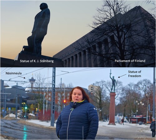 FIGURE 4. Urban sites in Tampere and Helsinki presented in the videos (Ketutus 0:50; Sinimusta 1:34).