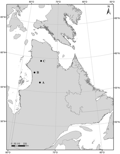 Figure 1. Location of the three regions sampled in August 2018: (a) Clearwater Lake, (b) Boniface River, and (c) Payne Lake in Nunavik, Québec, Canada.