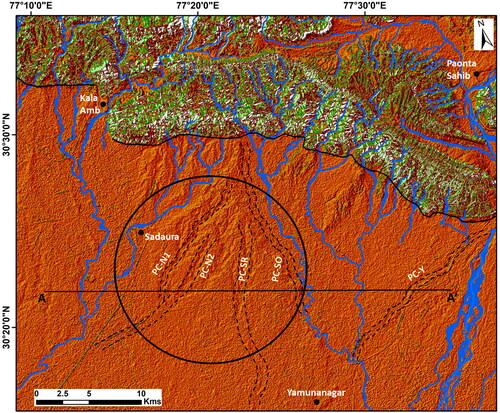Figure 15. Shaded relief map of the uplifted zone of study area, PC-N1, and PC-N2: Nakti river paleochannels, PC-SR: Saraswati river paleochannel, PC-Y: Yamuna river paleochannel. The solid black circle represents the central axis of the uplifted zone.