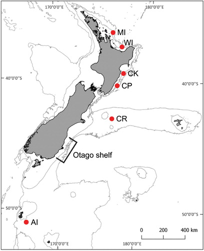 Figure 1. Map of New Zealand indicating sampling locations and areas of interest. AI: Auckland Islands; CR: Chatham Rise; CP: Castlepoint; CK: Cape Kidnappers; WI: White Island; MI: Mercury Islands. Latitude, longitude, 200 m isobath, and 1000 m isobath shown.
