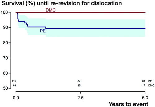 Figure 3. Kaplan–Meier survival curves with the endpoint re-revision for instability with shaded area indicating CI (p = 0.006, derived from Mantel–Haenszel log-rank test). Numbers at risk for both subgroups are given above the X-axis.