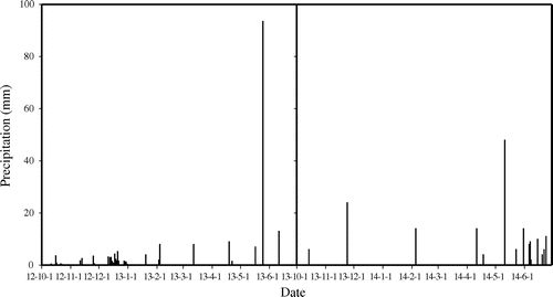 Figure 2. The daily precipitation during the 2012–2013 and 2013–2014 winter wheat growing seasons. Precipitations from July to December were not measured in 2014.