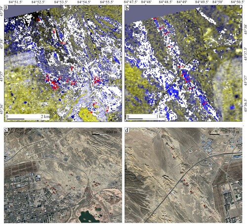 Figure 5. Field verification areas and points of the hydrocarbon detection. (a) and (b) False-color images showing the location of the verification points. (c) and (d) Google Earth images of the verification areas. The location of the field verification area is shown in Figure 4.