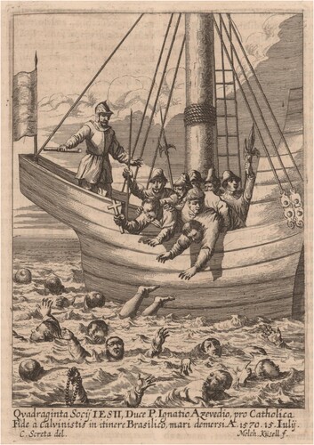 Figure 5 ‘Quadraginta Socii IESU, Duce P. Ignatio Azevedio, pro Catholica. Fide à Calvinistis in itinere Brasilico mari demersi.’ Forty Jesuits are thrown into the ocean from their ship. In Tanner Citation1675, p. 171. Courtesy of the John Carter Brown Library.