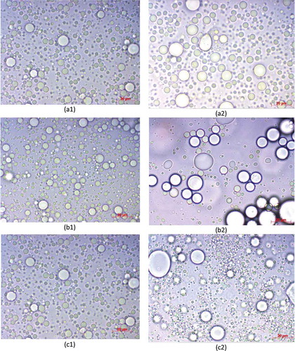 Figure 3. Microscopy images of emulsions prepared with GA and different essential oil concentration: (a) 5.0 g oil/100 g emulsion; (b) 7.5 g oil/100 g emulsion; (c) 10.0 g oil/100 g emulsion; (1) fresh and (2) after 4 h.