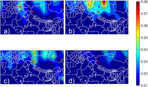 Fig. 2. The distribution of the monthly averaged total aerosol backscatter (sr−1) from CALIPSO measurements over central Asia between 8.2 and 20.2 km altitude in (a) June, (b) July, (c) August, and (d) September. The observation site is indicated by a red asterisk.