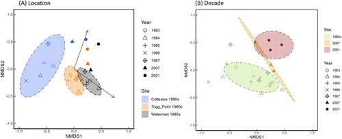 Figure 4. NMDS plot of three sites for seven surveys conducted between 1983 and 2021. Ellipses represent 95% confidence intervals.