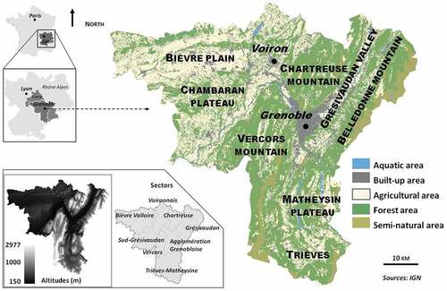 Figure 1. The Grenoble employment catchment area: location, physical geography and administrative boundaries.