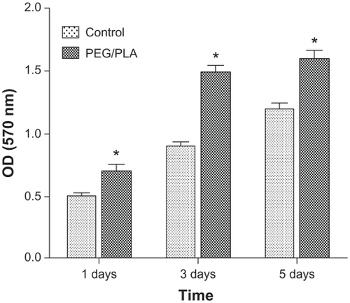 Figure 3 Mesenchymal stem cells viability and metabolic activity evaluation on the poly(ethylene glycol)/polylactide hybrid membranes, with the tissue culture plate as the control.Note: Error bars represent standard deviation; n = 3.Abbreviations: PEG/PLA, poly(ethylene glycol)/polylactide; OD, optical density.