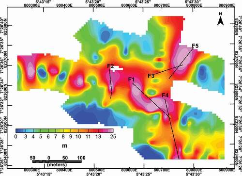 Figure 8. Bedrock structural map of the study area showing the variations in overburden thicknesses and trends of the subsurface fractures (F 1–5)