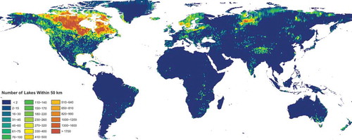 Figure 7. World distribution of the density of lakes from the GLWD shapefile and that are visible in the MERIS 2011 global snapshot composite when the land mask was not used for data processing. Lake densities are represented as the number of lakes whose centre points fall within 50 km of the pixel (an area of ~7850 km2). Note that lakes are heavily concentrated around 40–70° N.