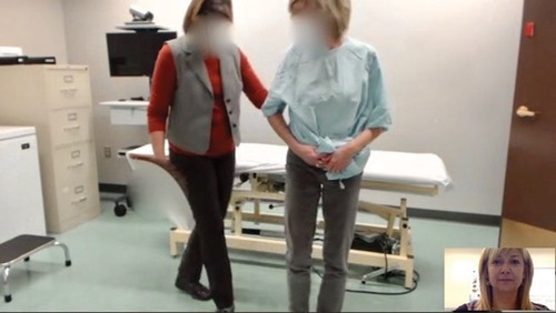 Figure 1 Physical therapist (shown in inset) view of nurse practitioner and model patient, using Vidyo secure web-based telehealth platform.Citation27 The physical therapist has provided written informed consent for her photo to be included in this manuscript.