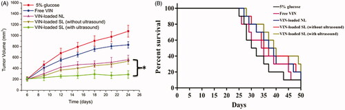 Figure 4. Antitumor activity (A) and survival curve (B) in MCF-7 tumor-bearing mice after treatments with 5% glucose, free VIN and varying formulations carrying VIN. The data are presented as the means ± SD (n = 10). * indicates p < .05.