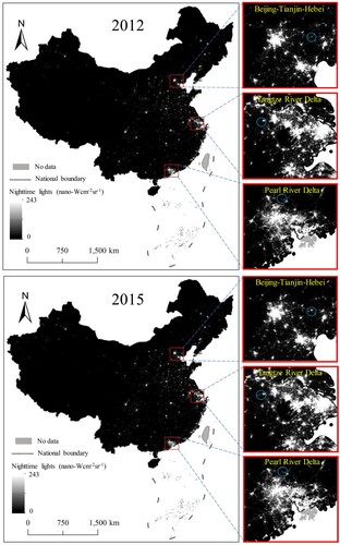 Figure 2. The corrected Suomi NPP-VIIRS data from 2012 and 2015.Note: Enlarged views on the right are pictures for the Beijing-Tianjin-Hebei, the Yangtze River Delta, and the Pearl River Delta. By comparing the blue areas, the luminous intensity in 2015 was found to be higher than that in 2012 in some regions.