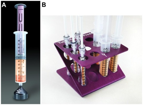 Figure 12 (A) Gravity decant base (luer); (B) gravity decant in test tube rack.
