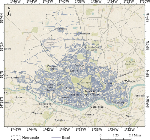 Figure 8. Map of the road network (blue line) distribution in Newcastle, the dotted line represents the border of Newcastle.