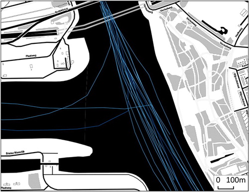 Figure 3. Example of vessel trajectories in the Oude Maas–Hartelkanaal intersection (I1).