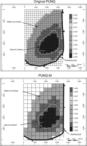 Figure 1. Original PUNQ and PUNQ-M (see text for explanation) depths of the top of the reservoir models showing the location of water-oil and gas-oil contacts, the sealing fault and the production wells. Colour scales indicated depth values in meters. Values in the horizontal grid are in meters.