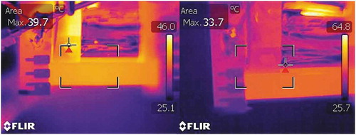 Figure 12. Thermal images of transformer unloaded (left) and with 10 Ω load (right)